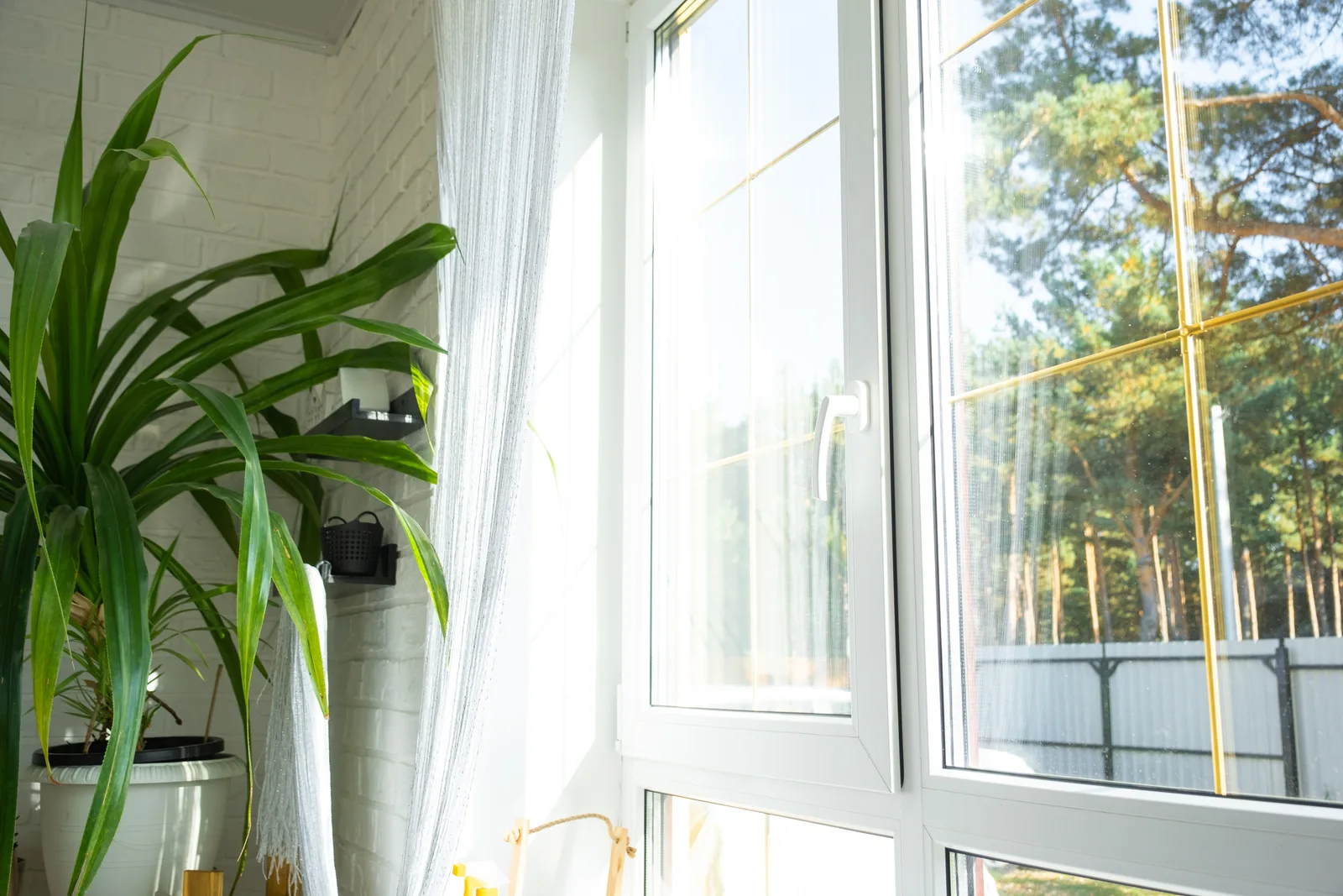 Residential fenestration overlooking a wooded landscape